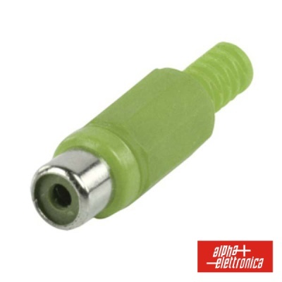 Adaptador RCA verde com inserção metálica prateada sobre fundo branco