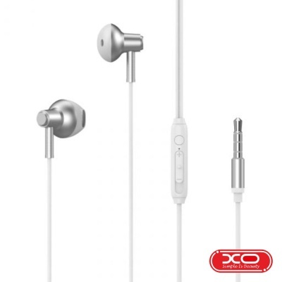 Auscultadores com cabo branco e controlo de volume, ficha jack 3.5 mm, logotipo XO vermelho