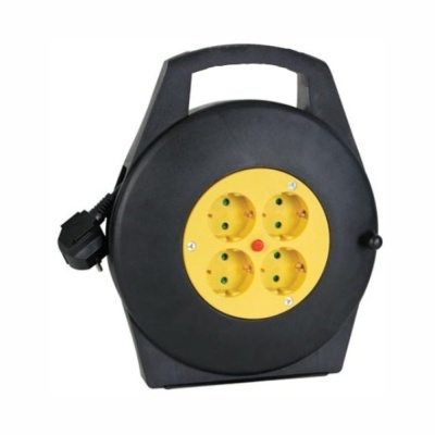 Enrolador de cabo elétrico preto com quatro tomadas amarelas e pega superior