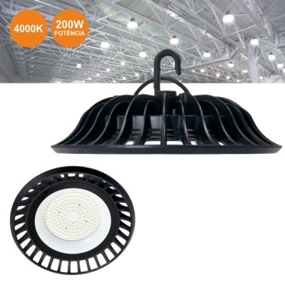 Lâmpada industrial LED preta com gancho, design circular e ventilado