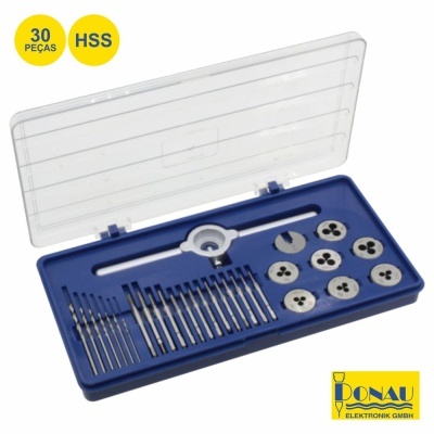 Conjunto de 30 peças HSS para roscagem em caixa azul com tampa transparente