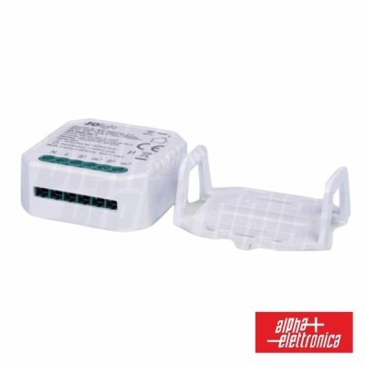 Módulo eletrónico branco com capa destacada e logótipo alpha elettronica