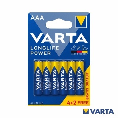 Embalagem de pilhas AAA VARTA LONGLIFE POWER com 6 unidades, azul e amarelo