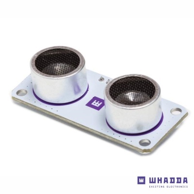 Sensor ultrassónico de distância em placa branca com duas unidades metálicas circulares