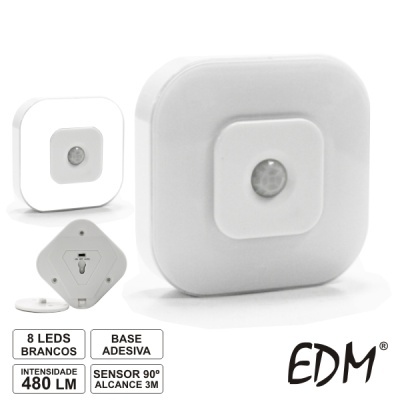 Luz LED branca quadrada com sensor, embalagem com texto técnico, marca EDM