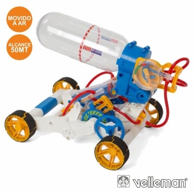 Veículo de brinquedo movido a ar com garrafa transparente e rodas amarelas