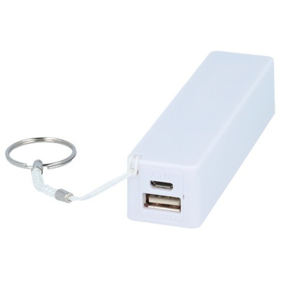 Carregador portátil branco retangular com porta USB e chaveiro