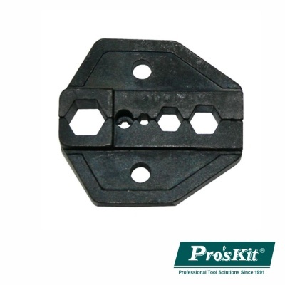 Placa de substituição para matrizes de alicate de crimpar preta com vários orifícios hexagonais e circulares.