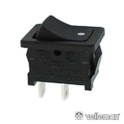 Interruptor tipo tecla preto com terminais metálicos prateados e logótipo Velleman