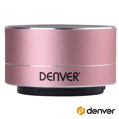 Coluna portátil rosa com tampa prateada e base preta com o logo DENVER na lateral