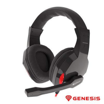 Headset preto Genesis com microfone ajustável e detalhes vermelhos