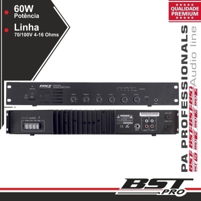 Amplificador PA profissional BST Pro preto com especificações técnicas visíveis