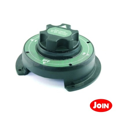 Interruptor rotativo verde com texto e logotipo JOIN vermelho