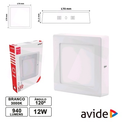 Luz LED quadrada branca avide com especificações técnicas