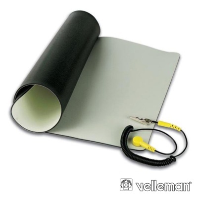 Tapete de borracha preto e branco com cabo e pinça, logótipo Velleman