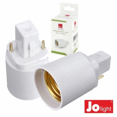 Adaptador de lâmpada branco Jo light com rosca dourada e embalagem ao fundo