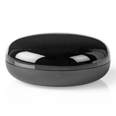 Caixa oval preta brilhante com indicador luminoso azul sobre fundo branco