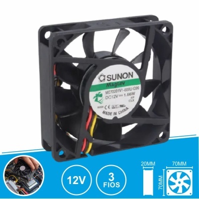 ventoinha preta quadrada SUNON 12V 70x70x20mm com 3 fios