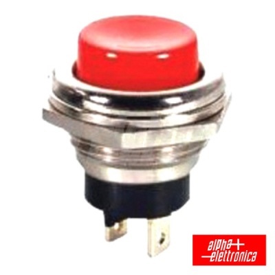 Botão de pressão vermelho com base metálica e preta e logótipo alpha elettronica