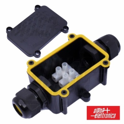 Caixa de junção elétrica preta com tampa destacada e borda amarela