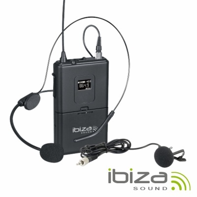 Rádio transmissor preto Ibiza Sound com auriculares e microfones