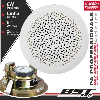 Coluna de som branca redonda com grelha metálica perfurada e texto de especificações ao lado