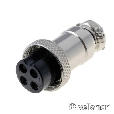 Conector circular metálico prateado com parte preta e quatro orifícios, logo Velleman.