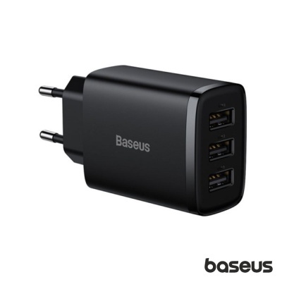 Carregador de parede Baseus preto com três portas USB e ficha europeia