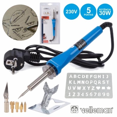 Conjunto de soldador elétrico azul com cinco pontas e stencil alfabético e numérico