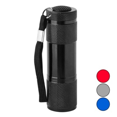 Lanterna portátil preta com alça em fundo branco e círculos coloridos