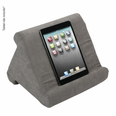 Apoio almofadado cinzento para tablet com tablet preto colocado