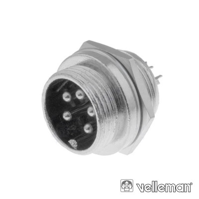 Conector circular metálico com 5 pinos e texto velleman