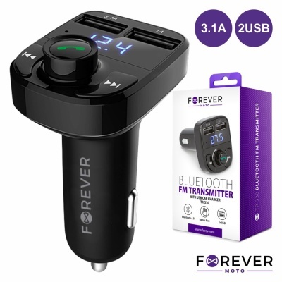 Transmissor FM Bluetooth preto FOREVER MOTO com carregador USB e embalagem