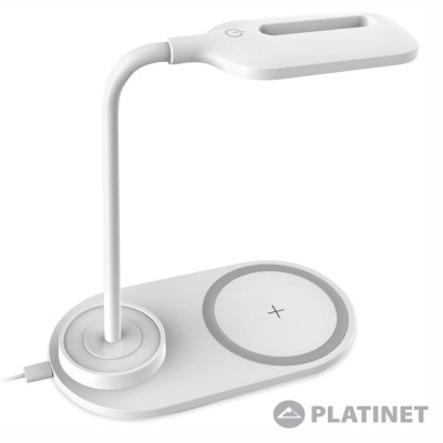 Candeeiro de secretária branco com base retangular e carregador wireless