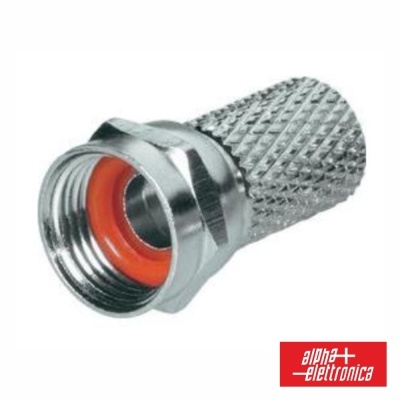 Conector coaxial metálico prateado com rosca e vedação laranja