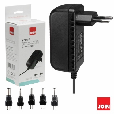 Carregador elétrico preto com adaptadores e caixa da marca JOIN