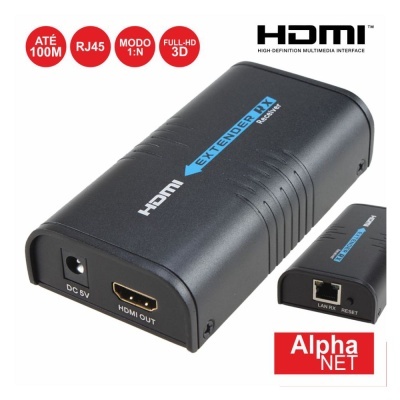Extensor HDMI RX preto com entradas DC 5V, HDMI OUT e LAN RX RESET, com símbolos e logos Alpha NET e HDMI.