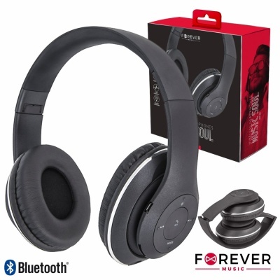 Auscultadores Bluetooth pretos com botões laterais e embalagem preta e vermelha