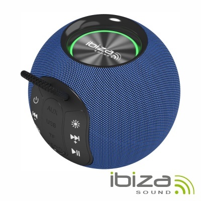 Coluna de som portátil azul com painel de botões preto e logótipo ibiza SOUND