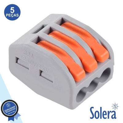 Conector elétrico cinza e laranja com 3 canais da marca Solera