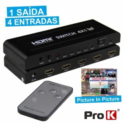 Dispositivo HDMI Switch 4x1 3D preto com controle remoto cinza e texto em azul.
