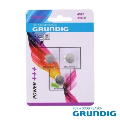 Pacote de 3 pilhas alcalinas GRUNDIG AG13 em cartão com fundo branco e gráficos coloridos