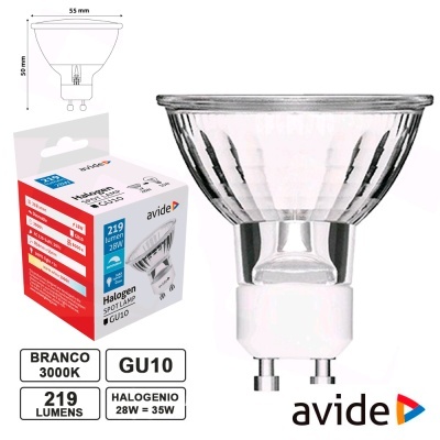 Lâmpada halogénea GU10 avide com embalagem, informações técnicas e dimensões