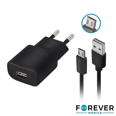 Carregador de parede preto com cabo USB e conector micro USB.