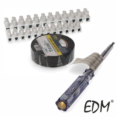 Ferramentas elétricas com fita isolante, bloco de terminais branco e chave de fendas azul