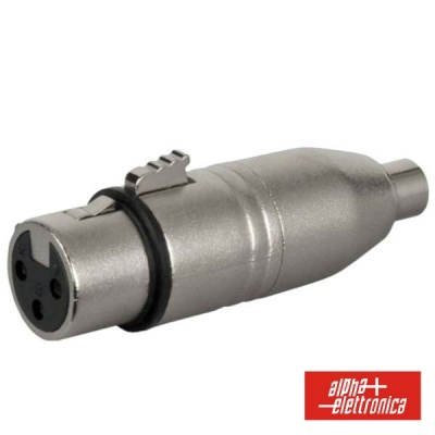 Conector XLR metálico prateado com três pinos e logótipo alpha elettronica
