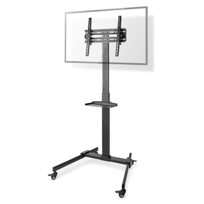 Suporte para TV ou monitor em metal preto com prateleira e rodas