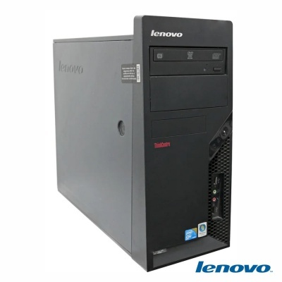 Computador desktop preto Lenovo com leitor de CD/DVD e logotipo Lenovo