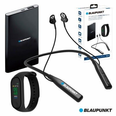 Power bank, auscultadores sem fios e smartwatch Blaupunkt em fundo branco