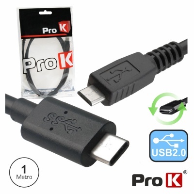Cabo USB 2.0 Pro K preto com conector USB-C e USB micro-B